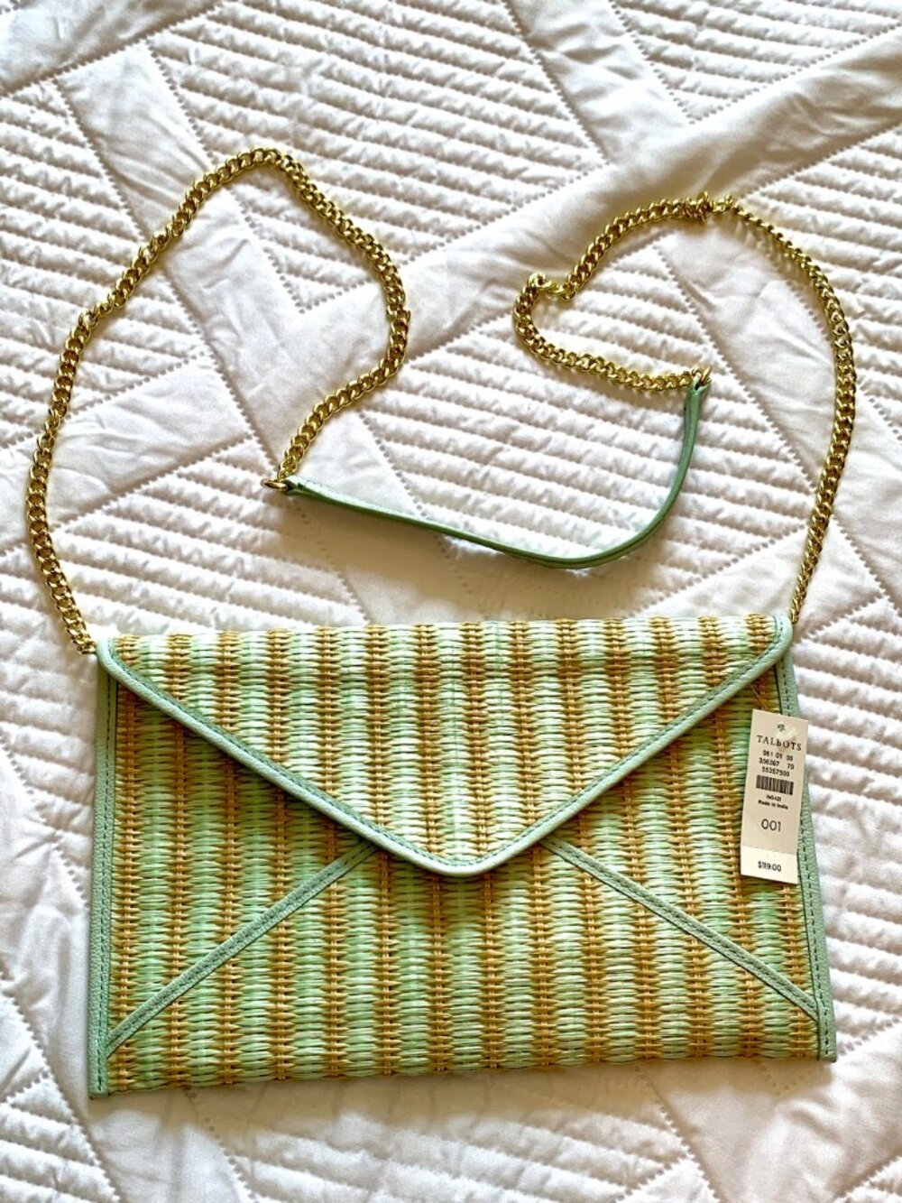 NWT Talbots Mint Green Woven Straw Envelope Crossbody Clutch Purse w/ Gold Chain